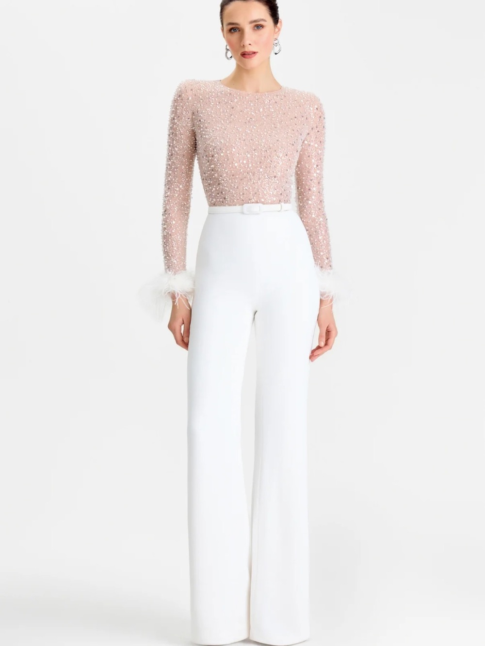 NADINE MERABI Blush Beaded Long-Sleeve Jumpsuit with White Wide-Leg Pants